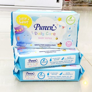 [3ห่อ] ทิชชู่เปียก ผ้าเปียก PUREEN เดลี่แคร์ ห่อ 50 แผ่น รวม 3 ห่อ  Daily Care Baby Wipes