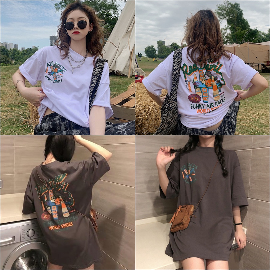 POOHPAND เสื้อยืด Oversize แฟชั่น สไตล์เกาหลี สวมใส่สบาย พิมพ์ลาย Air Race #2038