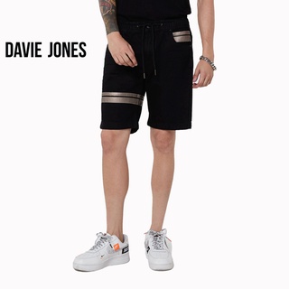 DAVIE JONES กางเกงขาสั้น ผู้ชาย เอวยางยืด สีดำ สีกรม คาดหนังทอง Elasticated Shorts in black navy SH0042BK DN