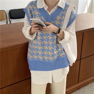 Houndstooth เสื้อกั๊กแขนกุดคอวีแฟชั่นเกาหลีทรงหลวม