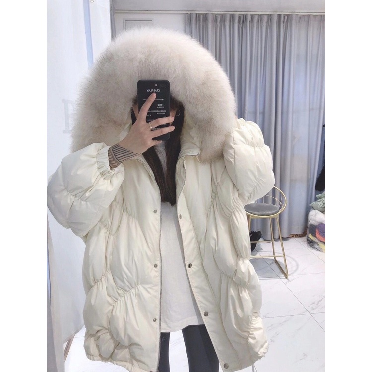 การจัดส่งที่รวดเร็ว2022 Winter Jacket Women Warm pockets 90% White Duck Down Coat real natural fox fur hooded Loose Fash