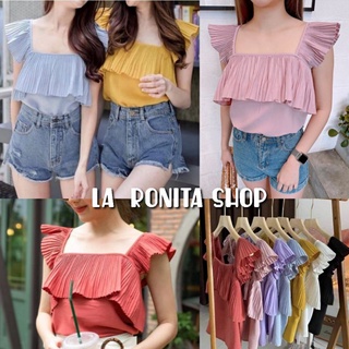 ✅ พร้อมส่ง🛍 Pleated  &gt;12สี (P1)  เสื้ออัดพลีท ระบายแขน ระบาย สีพื้น/ลายดอก