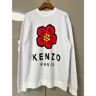 KENZO BOKE FLOWER CREW NECK JUMPER IN WHITE เสื้อสเวตเตอร์ กันหนาวแขนยาว แบรนด์เคนโซ่ สีขาว สกรีนรูปดอกโบเกะสีแดง