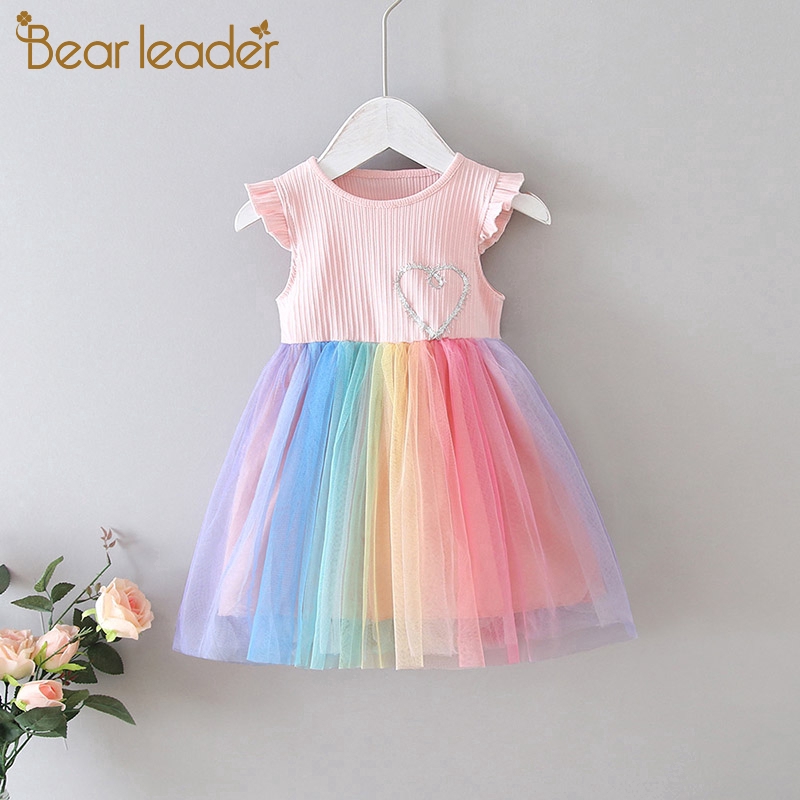 Girl Princess Colorful Dress 2021 New Summer Rainbow Mesh Patchwork Costumes Children Sleeveless Ves