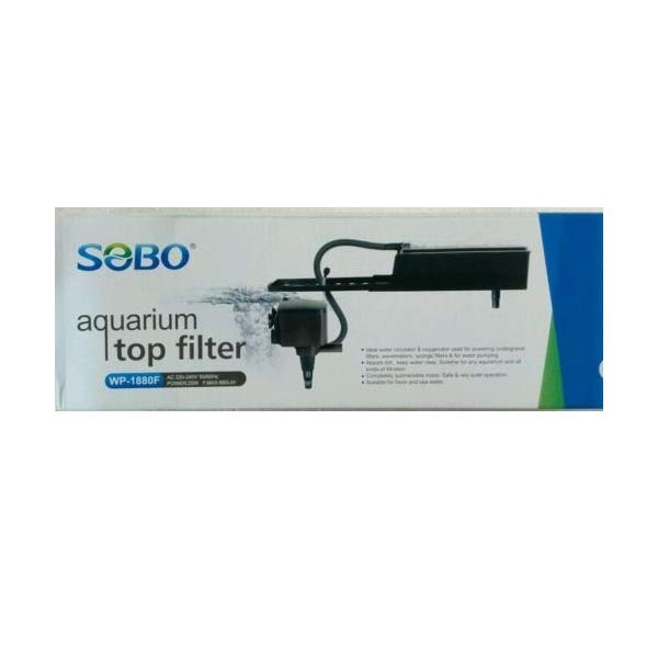กรองบนตู้ SOBO WP-1880F ใช้วิธีวางกรองบนคานตู้ปลา กำลังไฟ 25 วัตต์ อัตราการไหลของน้ำ 880 ลิตรต่อชั่ว
