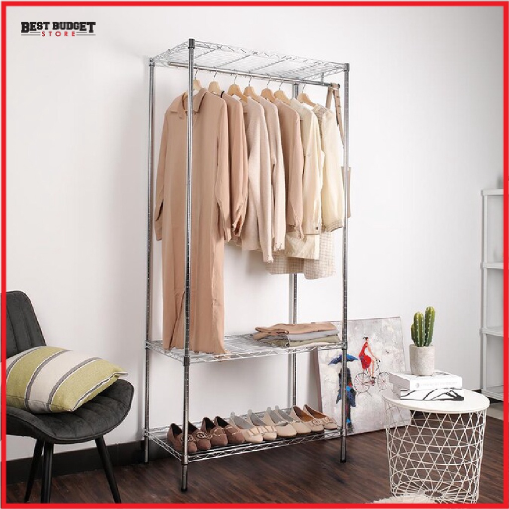 MZG-004 ชั้นแขวนเสื้อพร้อมชั้นวาง ขนาด 90x45x180 cm. สีโครเมี่ยม Japan Quality