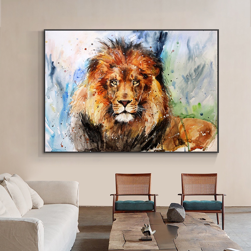 ภาพวาดสีน้ํา ภาพวาดผ้าใบ รูปสิงโต ม้า ช้าง สไตล์นอร์ดิก สําหรับตกแต่งผนังบ้าน ห้องนั่งเล่น