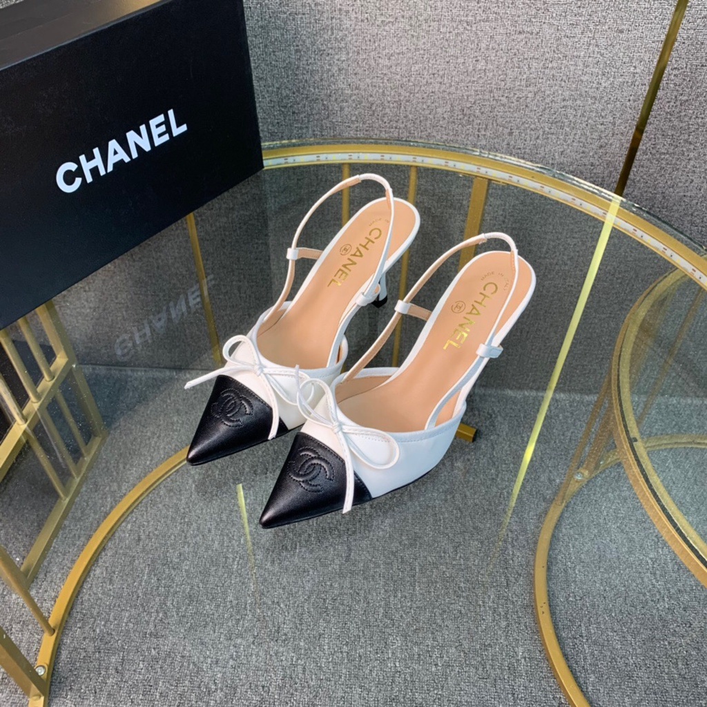 Chanel small fragrance classic bow pointed toe toe shoes side empty  stiletto sandals | Shopee Thailand