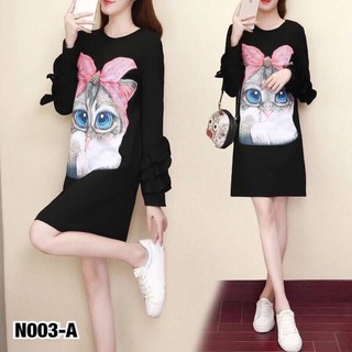 N003-A Dress ชุดเดรสแมวแขนยาว แต่งระบาย 3 ชั้น 2 ข้าง