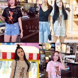 พร้อมส่ง  เสื้อแขนสั้นผ้าลูกไม้แต่งด้วยงานปักเลื่อมฟรุ้งฟริ้งมากๆคะลายกวางน้อยน่ารัก งานเนี๊ยบดูน่าร