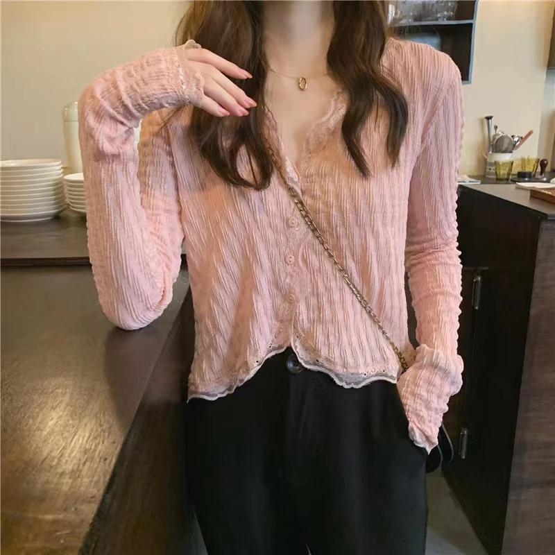 เสื้อแขนยาวไหมพรม คอวีกระดุมหน้า แต่งชายระบาย รุ่น 8X43/D59/122 thumbnail 9
