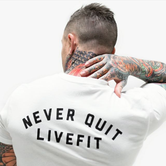NEVER QUIT LIVE FIT เสื้อยิมผู้ชาย LVFT ฟิตเนสเพาะกายผ้าฝ้าย 100%