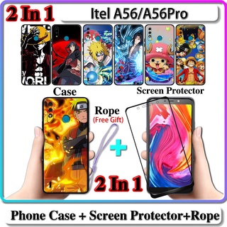 2 IN 1 เคส Itel A56 A56 Pro เคส พร้อมกระจกนิรภัยกันรอยหน้าจอ Naruto และ One Piece