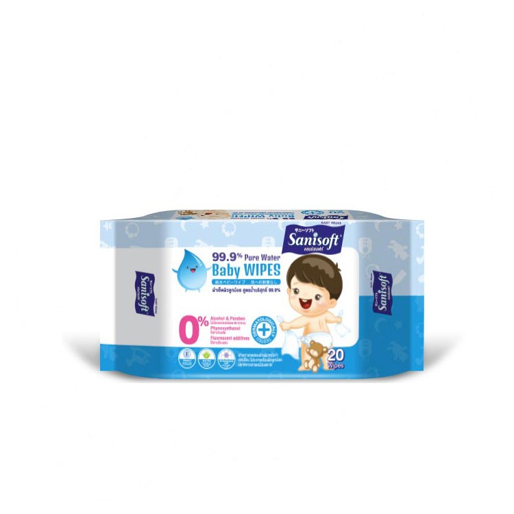 Sanisoft Baby Wipes 99.9% Pure Water /แซนนิซอฟท์ ผ้าเช็ดผิวลูกน้อย สูตรน้ำบริสุทธิ์ 99.9% 20แผ่น/ห่