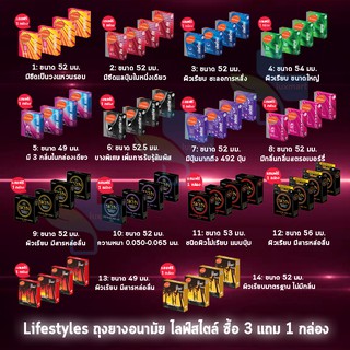 [ซื้อ 3ฟรี1 กล่อง] LifeStyles Condom ถุงยางอนามัย ไลฟ์สไตล์ ทุกแบบ ทุกรุ่น ขนาด 49 - 56 มม. บรรจุ 3 ชิ้น/กล่อง