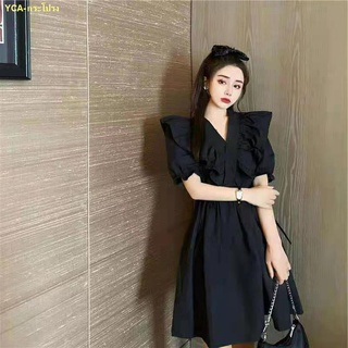 🥤คะนอง🥤Little Black Dress Temperament Puff Sleeve French Shirt Dress 2022 ชุดเดรสสีดำ Women