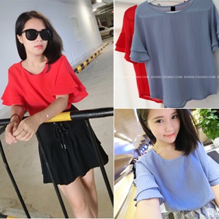 TJ เสื้อแฟชั่น คอกลม แขนระบาย ผ้า polyester สีแดง JU6369