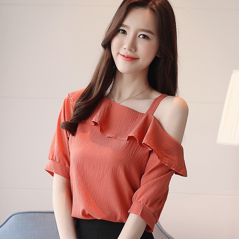 294# ใหม่ เสื้อชีฟอง แขนสั้น เปิดไหล่ สีพื้น สําหรับผู้หญิง