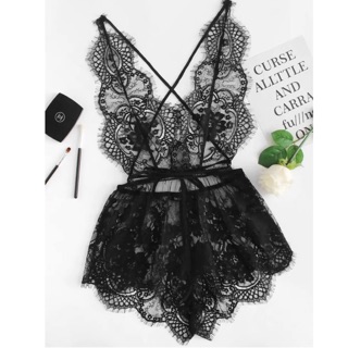 ชุดนอนไม่ได้นอน นี่ห้อShein นำเข้า ‫Eyelash Lace Deep V Neck Sleep Romper