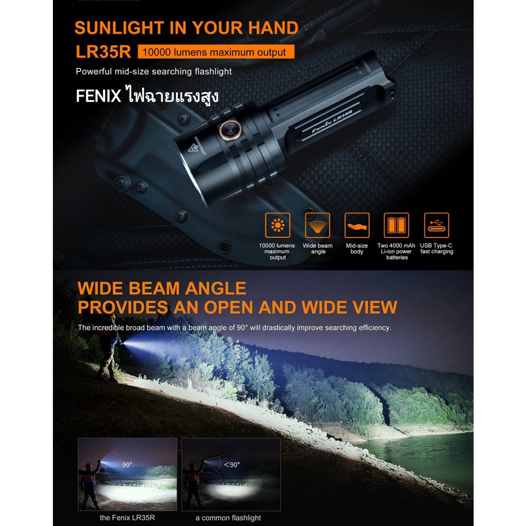 ไฟฉาย Fenix LR35R สว่างสูงสุด 10,000LM ชาร์จ USB-C ในตัว แถมแบตเตอรี่ ประกัน 3ปี