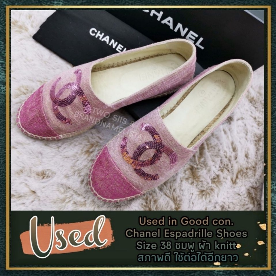 [สอบถามก่อนกดซื้อ]​ แท้​ 💯 Used in Good condition Chanel Espadrille Shoes Size 38 ชมพู ผ้า knitt สภาพดี ใช้ต่อได้อีกยาว
