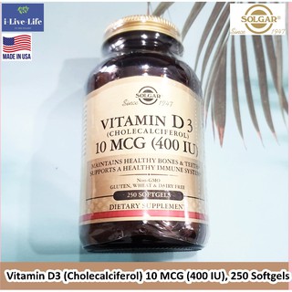 วิตามินดี3 Vitamin D3 (Cholecalciferol) 10 MCG (400 IU), 250 Softgels - Solgar D-3 D 3 เสริมสร้างภูมิคุ้มกันให้ร่างกาย