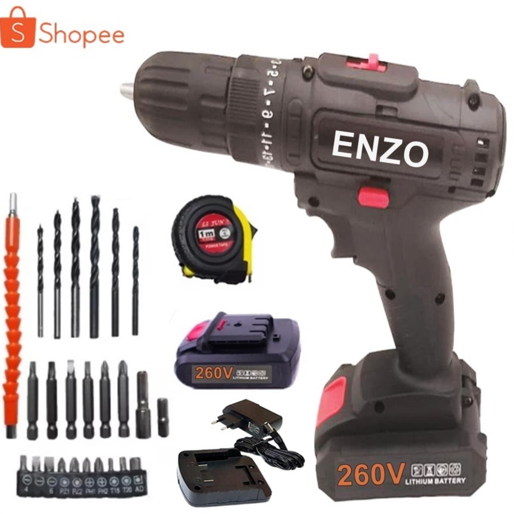ENZO สว่านไร้สาย สว่าน 260 V 3 ระบบ ปรับสปีดได้ สำหรับเจาะไม้ เหล็ก ขันน็อตสกรู อุปกรณ์เครื่องมือช่า