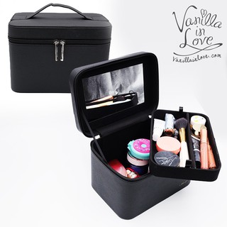 BG05 กล่องเครื่องสำอางทรงแข็ง 2 ชั้น สีดำ Vanilla in love พร้อมกระจกขนาดใหญ่