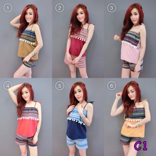 ราคา 280 บาท Vip : 250.-  Set ชาวดอย เสื้อสายผูกไหล่เกาะอก แต่งตุ้มๆ +กางเกงขาสั้นสุดน่ารัก ใส่สวยมา