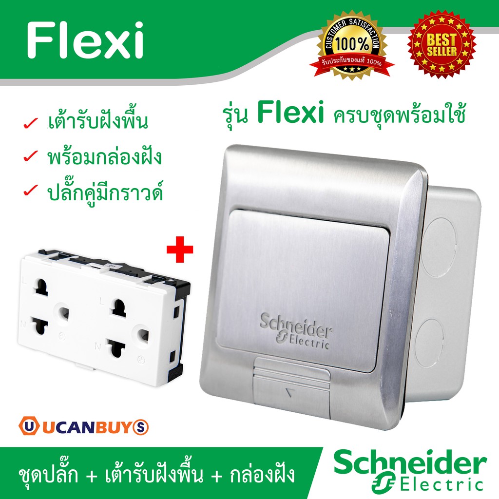 Schneider ชุดเต้ารับฝังพื้น+ปลั๊กคู่มีกราวด์ อลูมิเนียมพร้อมกล่องฝังและปลั๊กคู่มีกราวด์ รุ่น S-Flexi