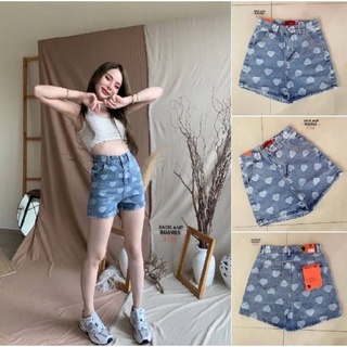 Back​ up​ jeans​ bu​6985 กางเกงขาสั้น เอวสูง ผ้ายีนส์ คัตตอนทอลายหัวใจสีขาว น่ารัก