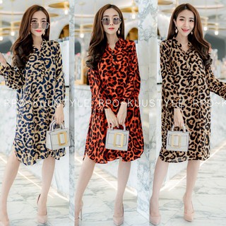 Dress bigsize leopard มินิเดรสสาวอวบลายเสือ คอจีนแต่งกระดุมสามเม็ด แขนยาวมีกระดุมปลายแขนคะ