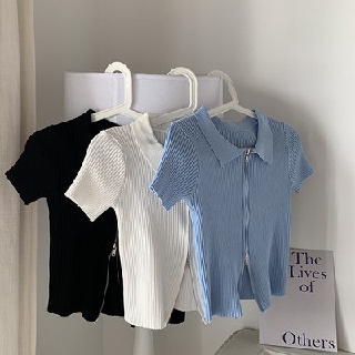 เสื้อยืดแฟชั่นเกาหลี พร้อมส่งแบบรูดชิบบนล้างแบบเปิดหน้าท้อง พร้อมส่ง 3 สี