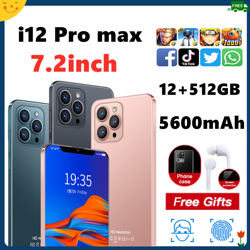 i12 Pro Max โทรศัพท์มือถือราคาถูก โทรศัพท์ มือถือ 512GB+12GB หน้าจอ โทรศัพท์สมาร์ท 7.2นิ้ว  HD 5600 