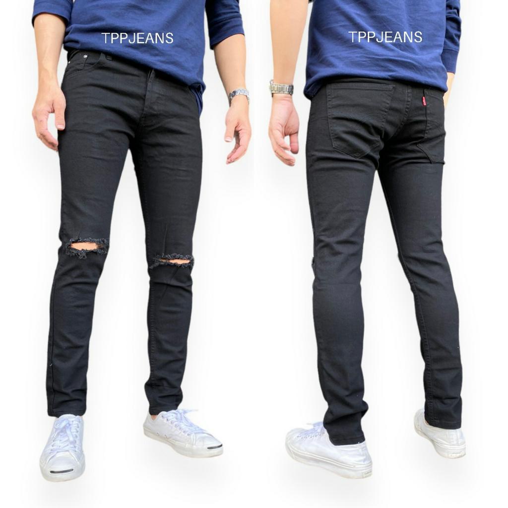 JEANSEXPRESS Men's Skinny กางเกงยีนส์สกินนี่ดำชาย ขาดเข่า ผ้ายืดใส่สบาย เป้ากระดุม Size 28-36 รับชำระปลายทาง