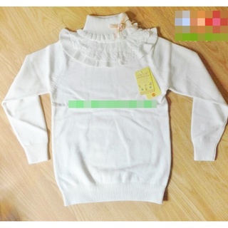 เสื้อกันหนาวเด็กผู้หญิง เสื้อคอเต่า  Sweater  ติดระบาย สีขาว ยืดหยุ่นได้ดี (Size 16-18 )