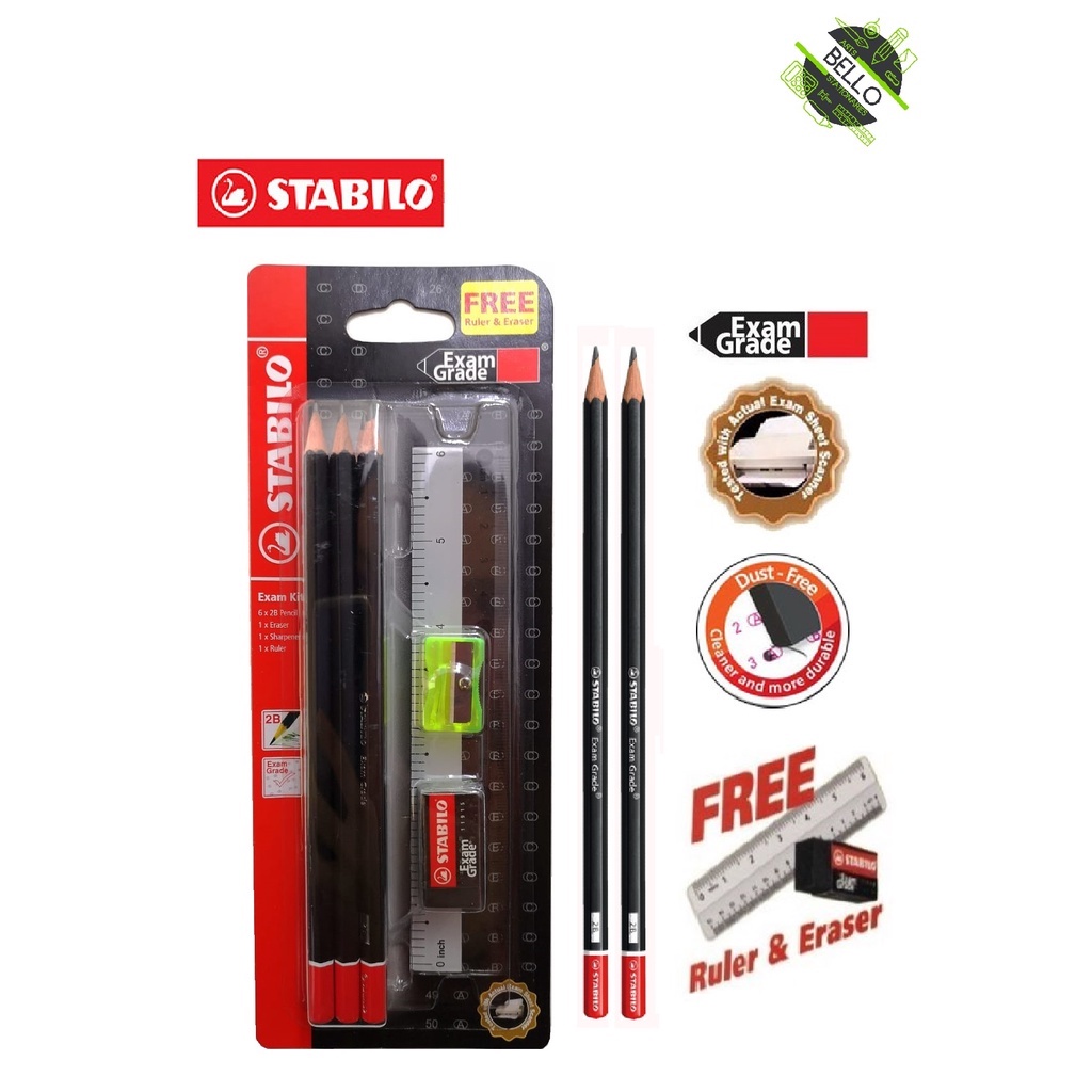 Stabilo Exam Grade 2B Pencil Exam Kit Set ฟรีไม้บรรทัดและยางลบ