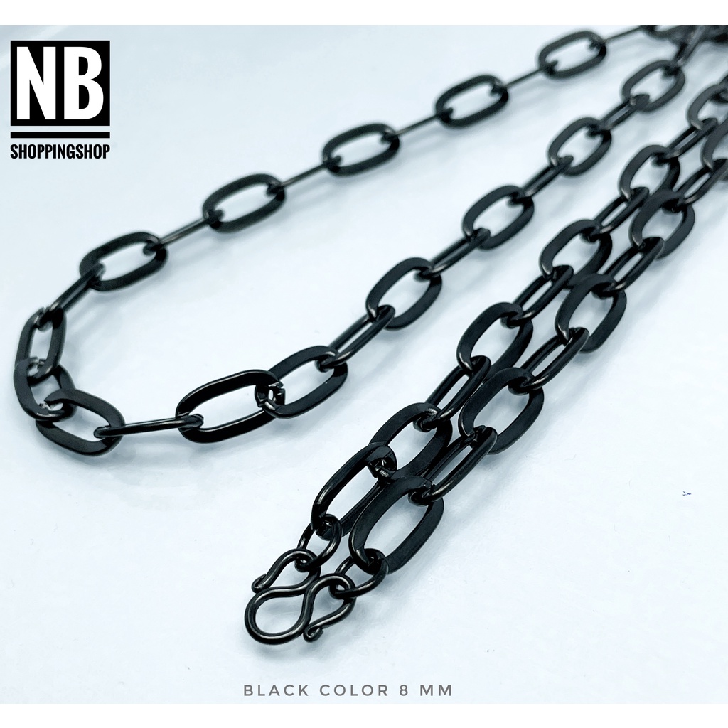 B-679 สร้อยคอสแตนเลสแท้ ลายโซ่รีด เงา สีดำ ขนาด วงกว้าง8mm 23-25-27นิ้ว  สร้อยพระ สแตนเลสแท้ ไม่ลอก ไม่ขึ้นสนิม