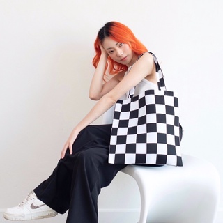 ✨NEW✨vibes.brandd🖤Checkmate Black Tote bag🖤 กระเป๋าผ้าแคนวาส