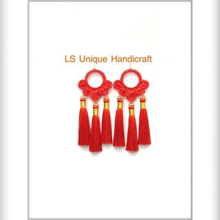 ต่างหูเชือกเทียนถัก คู่กับพู่พันดิ้นทอง Earring macrame 6tassel