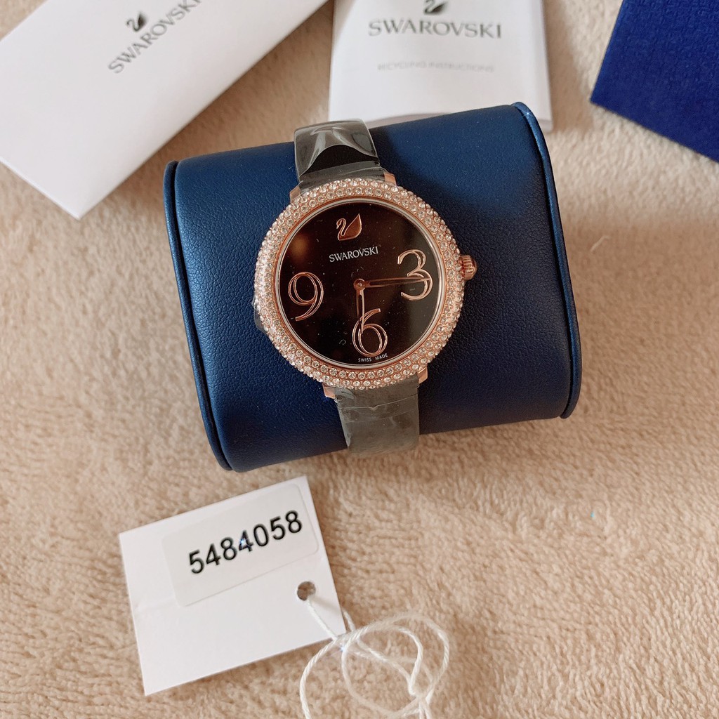นาฬิกา Swarovski แท้ 100% Crystal Frost Watch Leather Strap, Black,  Rose-gold tone PVD นาฬิกา swarovski แท้ 1000%