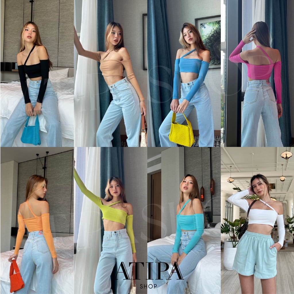 Atipashop - SP crop เสื้อครอป ปาดไหล่ แขนยาว มีดีเทล สายไชว้ มีสีให้เลือกเยอะ