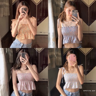 Petite♡︎ S mini top สายเดี่ยวสม็อคผูกไหล่ลายดอกไม้น่ารัก