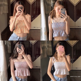 Petite♡︎ S mini top สายเดี่ยวสม็อคผูกไหล่ลายดอกไม้น่ารัก