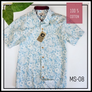 🌸 เสื้อเชิ้ตแขนสั้น คอปก ผ้า Cotton100% ลายชบาหนึ่งสี สีฟ้า 🌸 มีถึงไซส์ 4XL