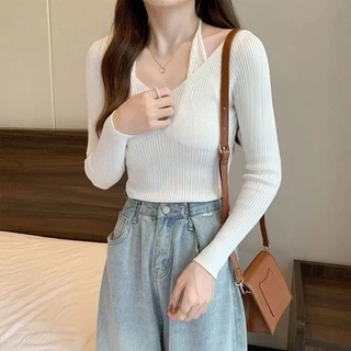MYGRILSHOPเสื้อถักแขนยาวสายผูกคล้องคอK279-1