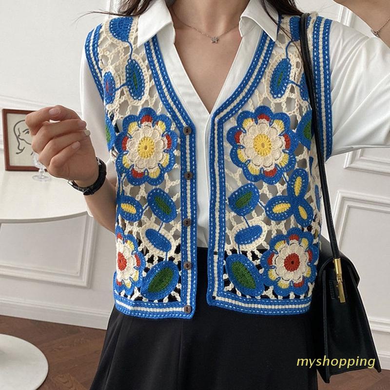 Ivy เสื้อกั๊กกันหนาว ผ้าถักโครเชต์ ลายดอกไม้ แต่งกระดุมด้านหน้า หรูหรา แฟชั่นฤดูร้อน และฤดูใบไม้ร่วง สําหรับผู้หญิง