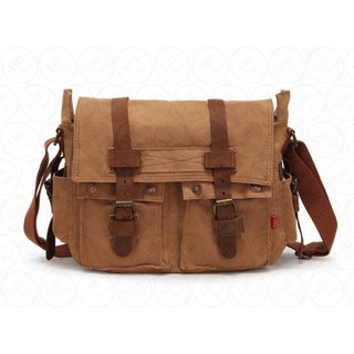 YHL กระเป๋าสะพายข้างชาย สไตล์วินเทจ Vintage Canvas Leather Messenger Bag Satchel Bag Shoulder Bag (สีแทน)