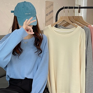 Suxi เสื้อกันหนาวลําลอง คอกลม แขนยาว ทรงหลวม สีพื้น แบบเรียบง่าย แฟชั่นฤดูใบไม้ร่วง สําหรับผู้หญิง