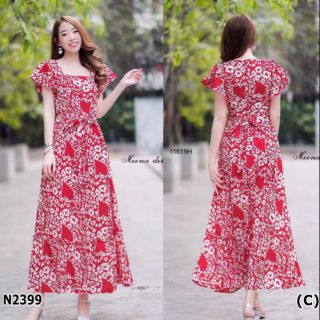 Maxi dress ลายหัวใจแดงทรงคอเหลี่ยม ดีเทลแต่งระบายแขน งานผ้าหางกระรอกพิมลาย